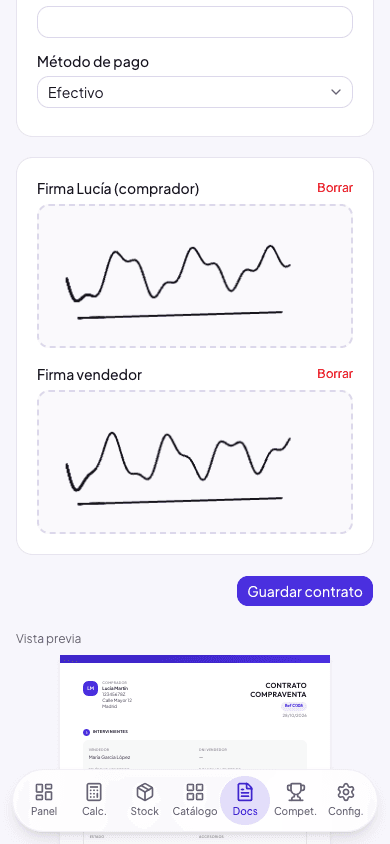Contrato de compraventa firmado con el dedo en el móvil